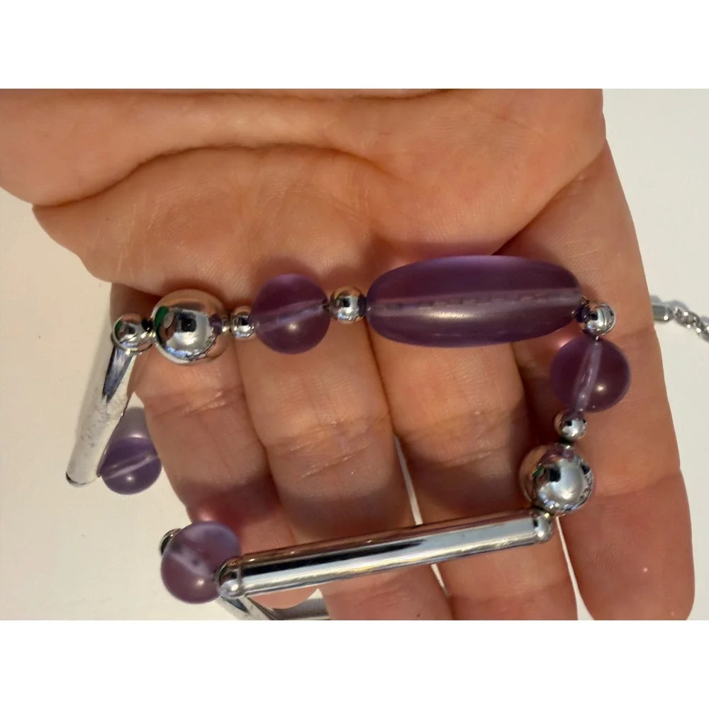 Sarah Coventry Vintage Silver Tone Purple Bead‎ Bar Link Adjustable Necklace